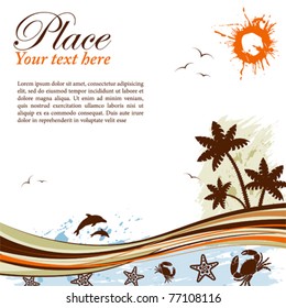 Grunge summer background with palm tree, dolphin, starfish, crab, wave pattern, vector illustration