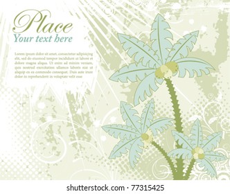 Grunge summer background with palm tree, flower, starfish and circle, element for design, vector illustration