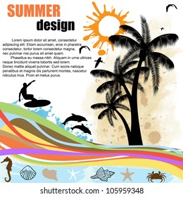 Grunge  summer design  background with palm trees,surfer and dolphins,vector illustration