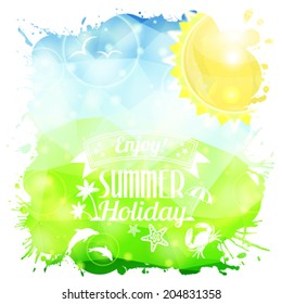 Grunge Summer Poster on Triangle Colorful Mosaic Pattern with Palm Tree, Dolphin, Crab, Sun and Typography