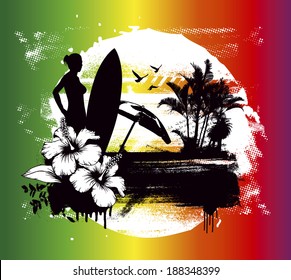 grunge summer scene with girl and surfboard