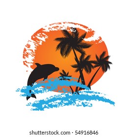 Grunge summer vector background with palms and dolphin