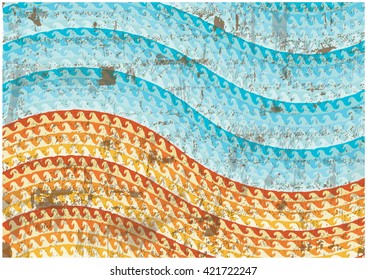 Grunge Summer Waves Background.Color Vector Illustration of Beach and Sea.