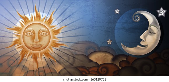 Grunge sun and moon in front of clouds. Fresco imitation.