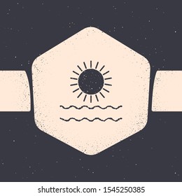 Grunge Sun and waves icon isolated on grey background. Monochrome vintage drawing. Vector Illustration