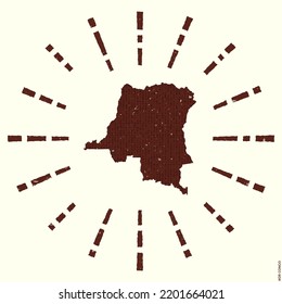 Grunge sunburst poster with map of the Democratic Republic of Congo. Shape of DR Congo filled with hex digits with sunburst rays around. Radiant vector illustration.