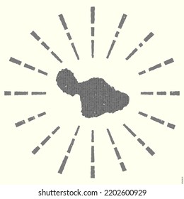 Logo de Maui. Affiche grunge coucher de soleil avec carte de l'île. Forme de Maui remplie de chiffres hexadécimaux avec rayons de soleil. Illustration vectorielle nette.