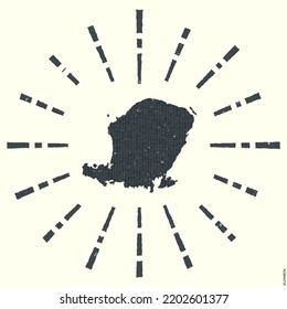 Grunge sunburst poster with map of the island. Shape of Lombok filled with hex digits with sunburst rays around. Beautiful vector illustration.