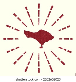 Grunge sunburst poster with map of the island. Shape of Bali filled with hex digits with sunburst rays around. Creative vector illustration.