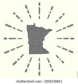 Grunge sunburst poster with map of the US state. Shape of Minnesota filled with hex digits with sunburst rays around. Artistic vector illustration.