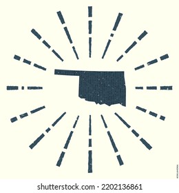 Grunge sunburst poster with map of the US state. Shape of Oklahoma filled with hex digits with sunburst rays around. Neat vector illustration.