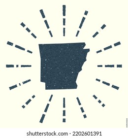 Grunge sunburst poster with map of the US state. Shape of Arkansas filled with hex digits with sunburst rays around. Attractive vector illustration.