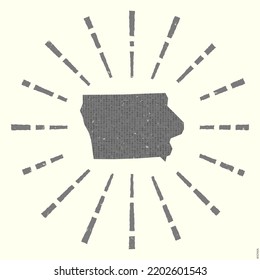 Grunge sunburst poster with map of the US state. Shape of Iowa filled with hex digits with sunburst rays around. Elegant vector illustration.
