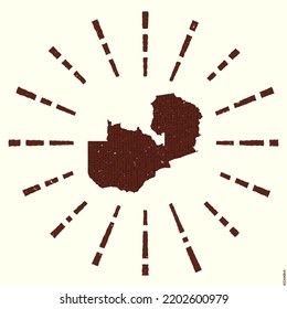 Grunge sunburst poster with map of Zambia. Shape of Zambia filled with hex digits with sunburst rays around. Astonishing vector illustration.