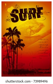 grunge surf poster with palms and sunset