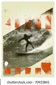 grunge surf poster with surfer in big wave