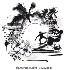 grunge surf scene with rider hibiscus and palms