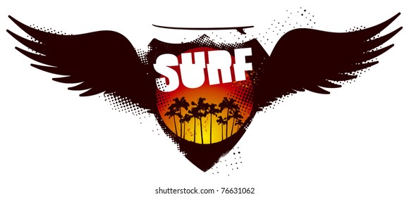 grunge surf shield with sunset and wings