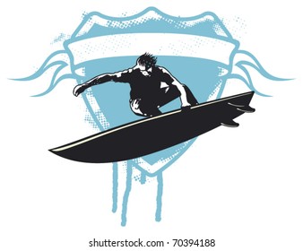 grunge surf shield with surfer and banner to copy
