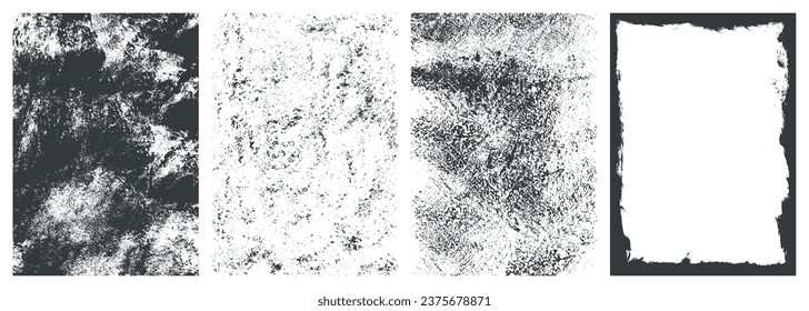 Grunge surface monochrome set textures with black and white abstract backgrounds and frames with signs damage or scratches vector illustration