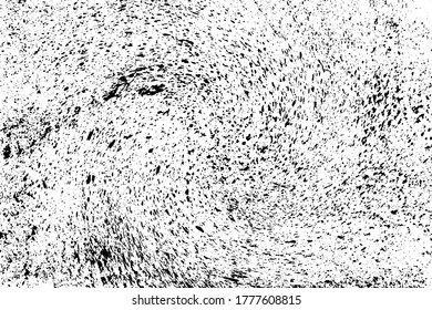 Grunge surface texture with noise, splashes, small spots and dirt, swirled by a vortex. Vector illustration. Overlay template
