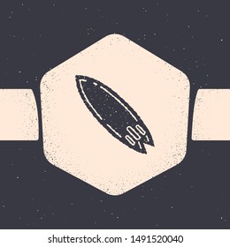 Grunge Surfboard icon isolated on grey background. Surfing board. Extreme sport. Sport equipment. Monochrome vintage drawing. Vector Illustration