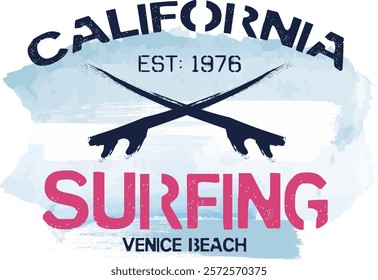 grunge surfing design. Venice beach. Vector illustration on the theme of surfing and surf in California, Grunge background. Number sport typography, t-shirt.eps8