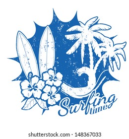 Grunge Surfing time scene with surf table,wave,palms and hibiscus flowers, vector illustration