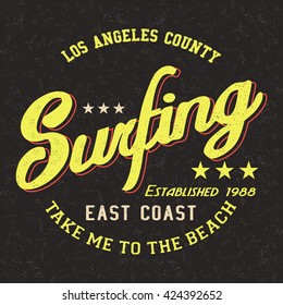 Grunge surfing t-shirt graphic design, grunge print stamp, vector