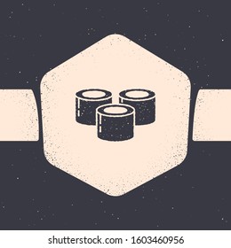 Grunge Sushi icon isolated on grey background. Traditional Japanese food. Monochrome vintage drawing. Vector Illustration