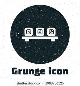 Grunge Sushi on cutting board icon isolated on white background. Asian food sushi on wooden board. Monochrome vintage drawing. Vector