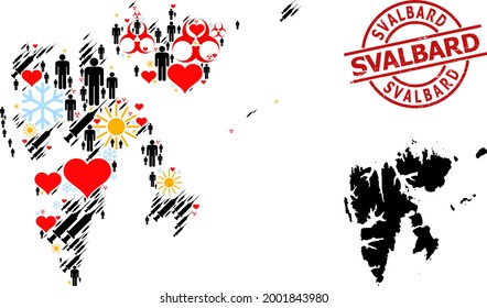 Grunge Svalbard stamp, and sunny population inoculation collage map of Svalbard Islands. Red round stamp seal contains Svalbard text inside circle.