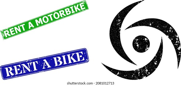 Icono de remolino grueso y rayado rectangular Alquiler un sello de sello de sello de motocicleta. Alquiler verde vectorial una motocicleta y azul Alquiler de precintos de bicicleta con textura de caucho grunge, diseñado para la ilustración de remolinos.