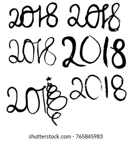 grunge symbol set of the year 2018. Watercolor painted black numerals of 6 types