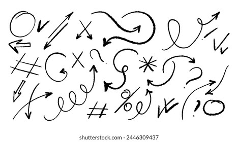 Grunge symbols and signs set on isolated on white background. Hand drawn vector elements.