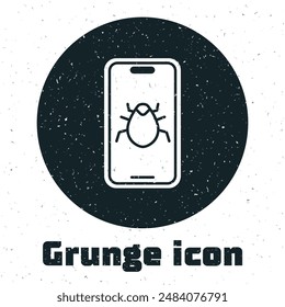 Grunge error del sistema en el icono del móvil aislado en el fondo blanco. Concepto de error de código. Error en el sistema. Buscando errores. Dibujo vintage monocromo. Vector