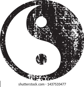 Grunge Taichi Symbol. Taijitu Stamp. Can be used as Banner, Insignia or Badge. Vector Distressed Yin and Yang Symbol Texture. Blank Shape. Vector Illustration. Black isolated on white. EPS10.