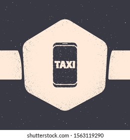 Grunge Taxi call telephone service icon isolated on grey background. Taxi for smartphone. Monochrome vintage drawing. Vector Illustration