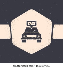 Grunge Taxi car icon isolated on grey background. Monochrome vintage drawing. Vector Illustration