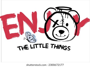Grunge teddy bear face with crown drawing. Vector illustration design for fashion graphics, t shirt prints.