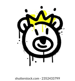 Cara de osito de peluche grunge con dibujo de graffiti urbano de la corona. Diseño de ilustraciones con textura vectorial para gráficos de moda, estampados de camisetas en estilo de arte callejero de los años 90