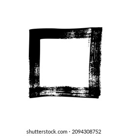 Grunge template background with bold square frame. Black frame, border or template for text. Square shape isolated on white background. Hand drawn brush strokes. Vector handdrawn geometric form. 