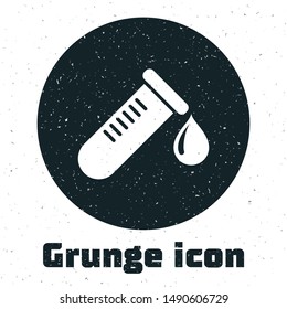 Grunge Test tube or flask with drop of blood icon isolated on white background. Laboratory, chemical, scientific glassware sign.  Vector Illustration