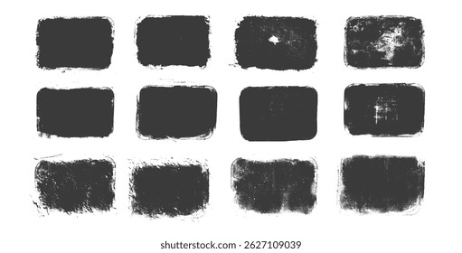 Grunge text boxes swatch set. Callouts rectangles frames. Lino cut rolled paint black tag. Vector handmade brayer stamp smudged texture. Rough paint decorative irregular border. Gritty distressed 