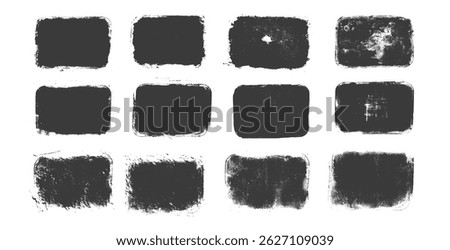 Grunge text boxes swatch set. Callouts rectangles frames. Lino cut rolled paint black tag. Vector handmade brayer stamp smudged texture. Rough paint decorative irregular border. Gritty distressed 