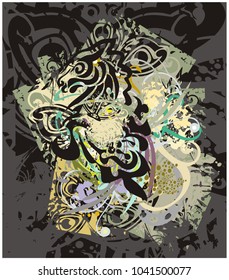 Grunge textural background with floral elements