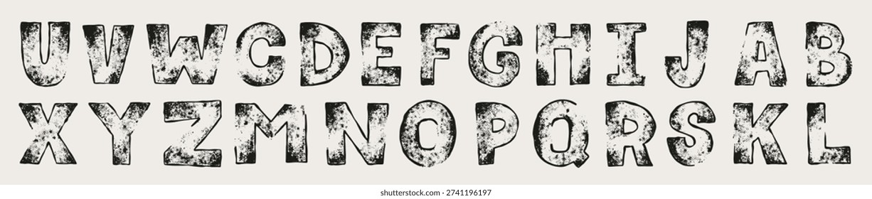 Grunge texture alphabet letters font. Vintage scrapbook Rough Ink letterpress. Typewritten stamp