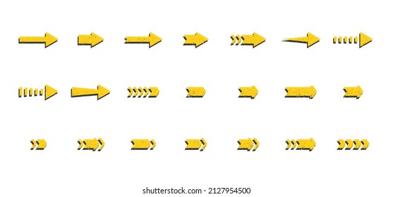 Grunge texture arrows icons set. Yellow scratched arrows collection. Flat vector illustration isolated on white background.