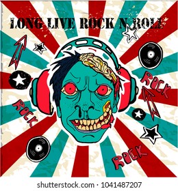 Grunge texture background , text long live rock n roll. Head of zombie in headphone. World rock n roll day vector illustration.