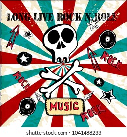 Grunge texture background , text long live rock n roll. Skull and bones. World rock n roll day vector illustration.